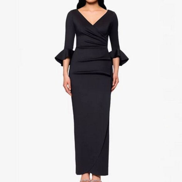 Betsy & Adam Black Ruffle Sleeve Faux Wrap Gown